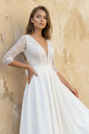 A Line V Neck Long Sleeves Satin Wedding Dress in White - SHE IS ME Wedding Dresses