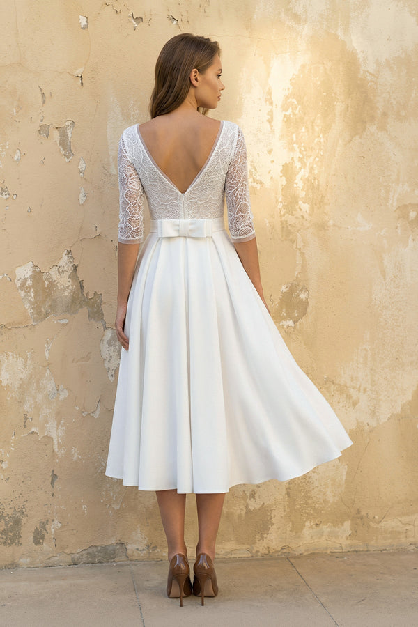 A Line V Neck Long Sleeves Satin Wedding Dress in White - SHE IS ME Wedding Dresses