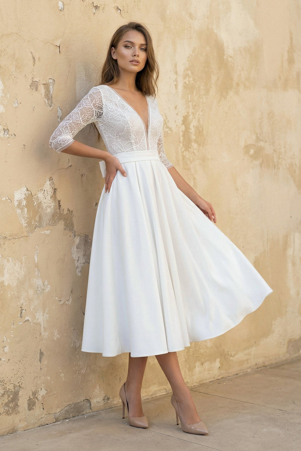 A Line V Neck Long Sleeves Satin Wedding Dress in White - SHE IS ME Wedding Dresses