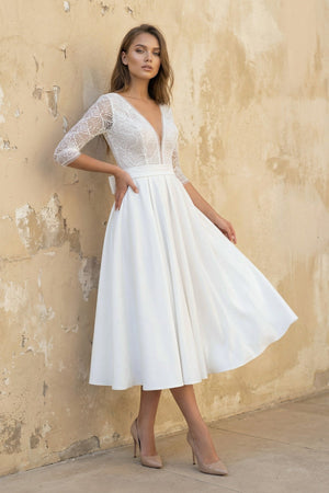 A Line V Neck Long Sleeves Satin Wedding Dress in White - SHE IS ME Wedding Dresses