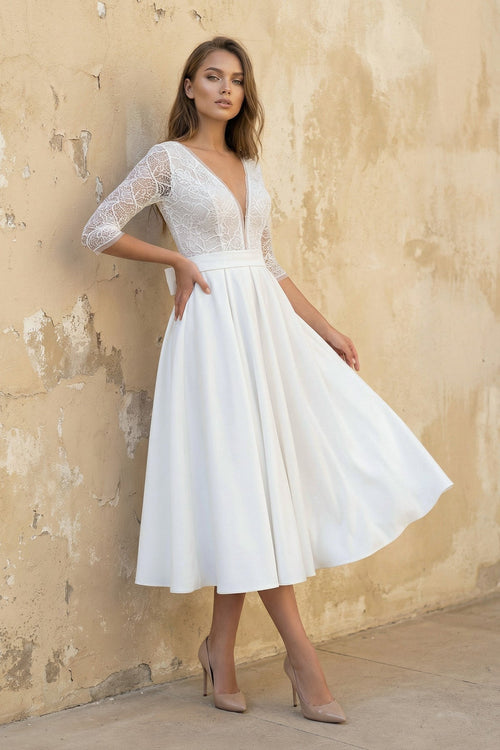 A Line V Neck Long Sleeves Satin Wedding Dress in White - SHE IS ME Wedding Dresses