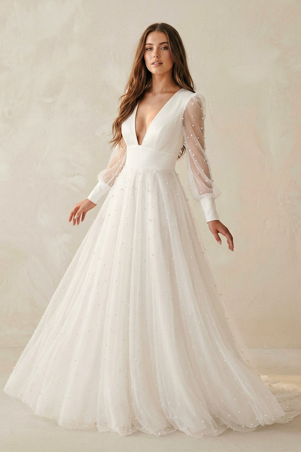 A Line V Neck Long Sleeves Tulle Wedding Dress - SHE IS ME Wedding Dresses