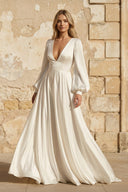 A Line V Neck Satin Long Sleeves Wedding Dress - SHE IS ME Wedding Dresses