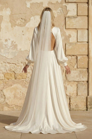 A Line V Neck Satin Long Sleeves Wedding Dress - SHE IS ME Wedding Dresses