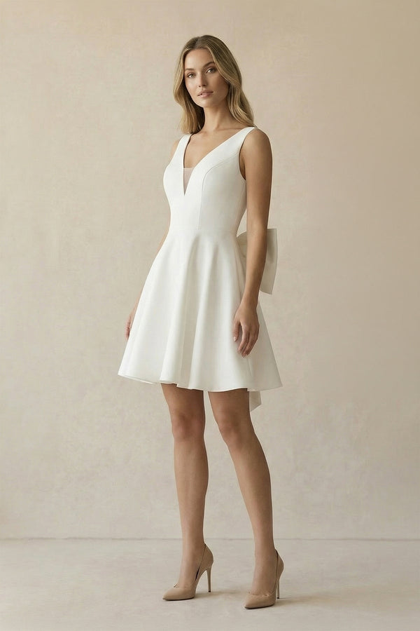 A Line V Neck Satin Wedding Dress With Bow in Ivory - SHE IS ME Wedding Dresses