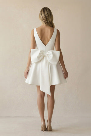 A Line V Neck Satin Wedding Dress With Bow in Ivory - SHE IS ME Wedding Dresses