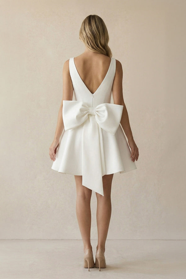 A Line V Neck Satin Wedding Dress With Bow in Ivory - SHE IS ME Wedding Dresses