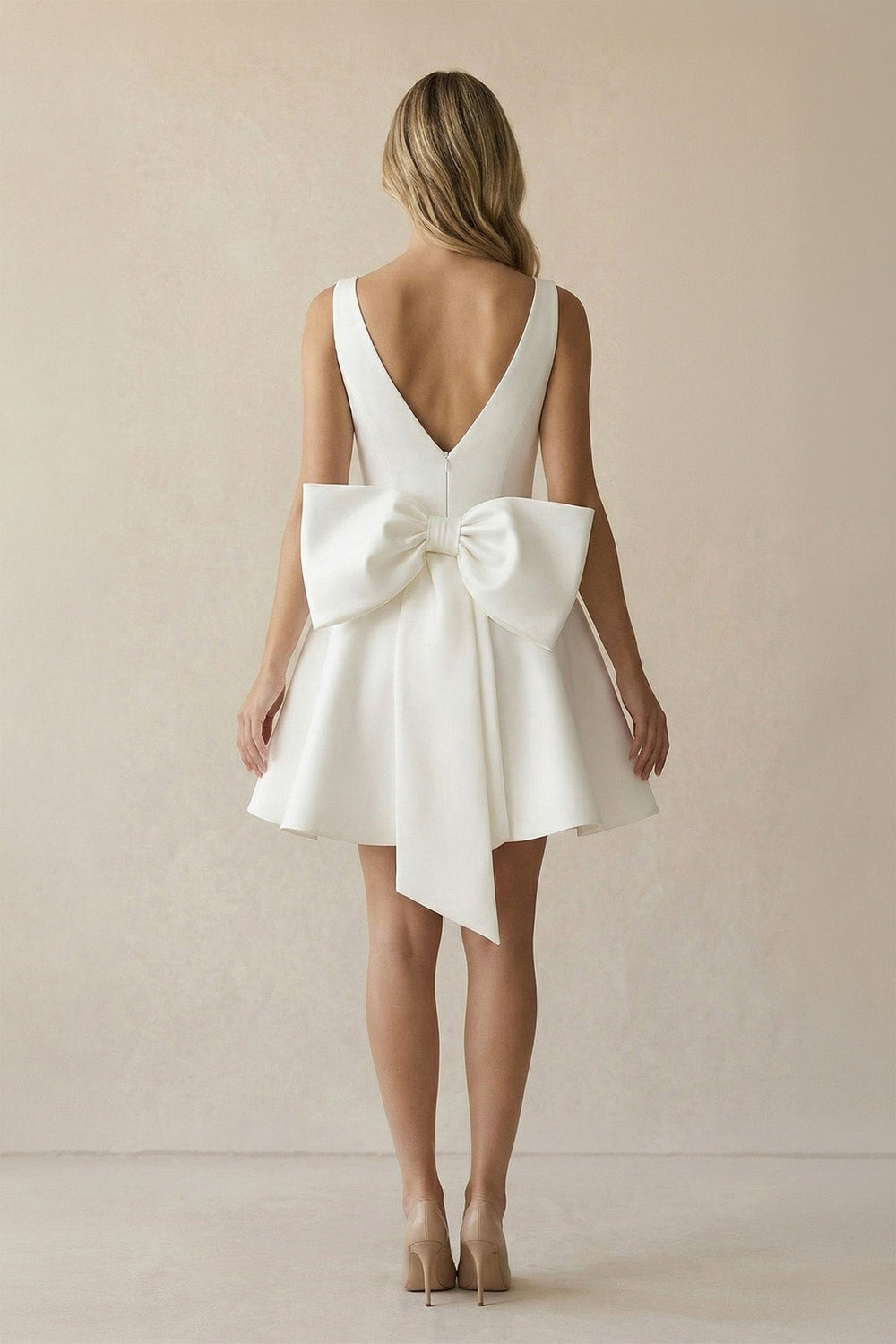 A Line V Neck Satin Wedding Dress With Bow in Ivory - SHE IS ME Wedding Dresses