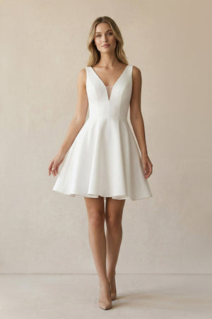 A Line V Neck Satin Wedding Dress With Bow in Ivory - SHE IS ME Wedding Dresses