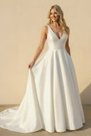 A Line V Neck Satin Wedding Dress With Bow in White - SHE IS ME Wedding Dresses