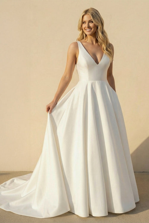 A Line V Neck Satin Wedding Dress With Bow in White - SHE IS ME Wedding Dresses