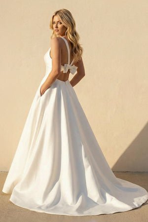 A Line V Neck Satin Wedding Dress With Bow in White - SHE IS ME Wedding Dresses