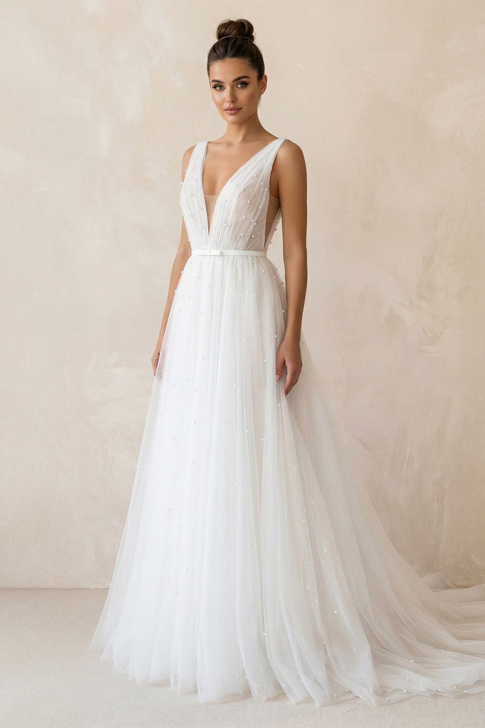A Line V - Neck Tulle Sleeveless Wedding Dress in White - SHE IS ME Wedding Dresses