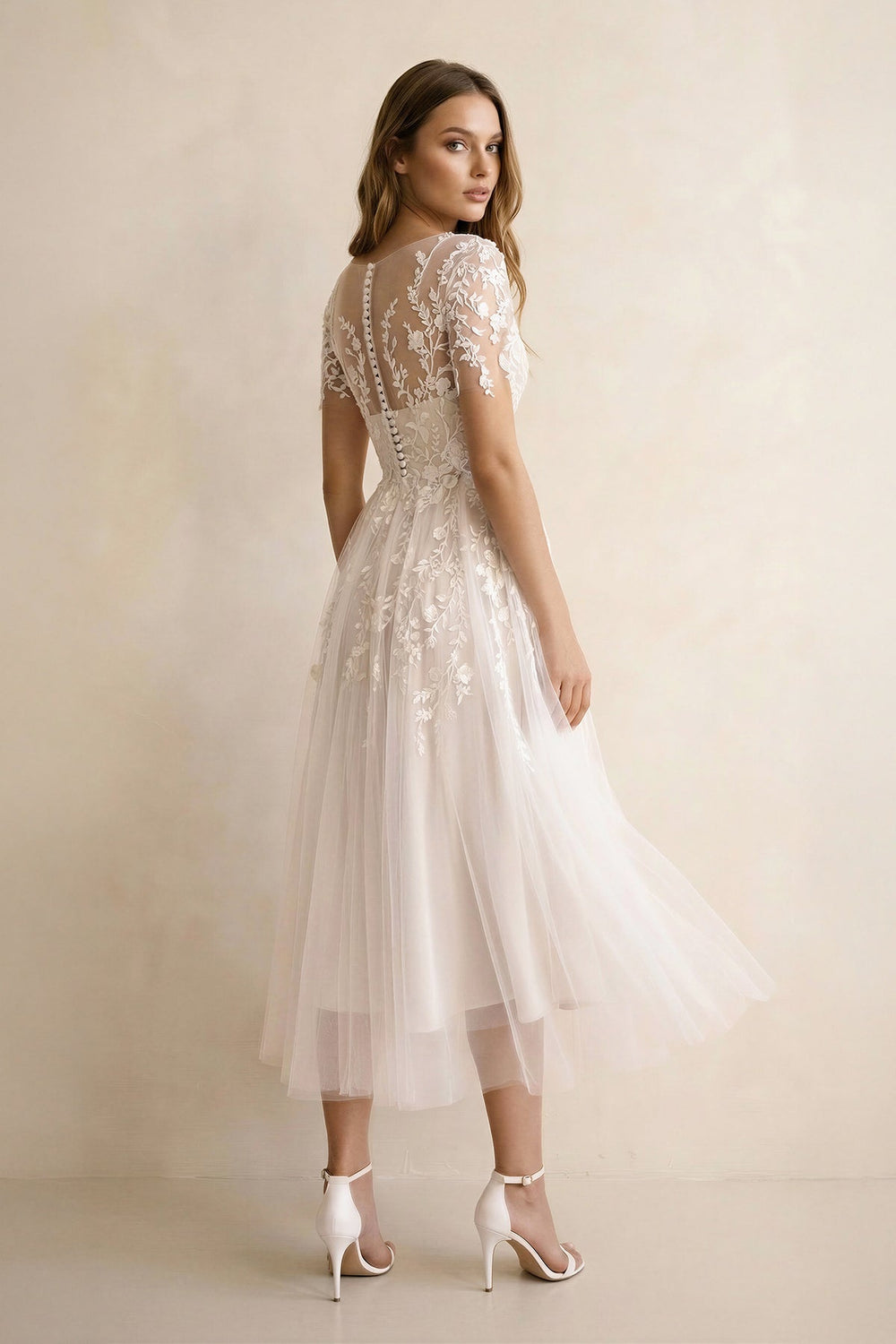 A Line V Neck Tulle Wedding Dress With Appliques in Ivory - SHE IS ME Wedding Dresses