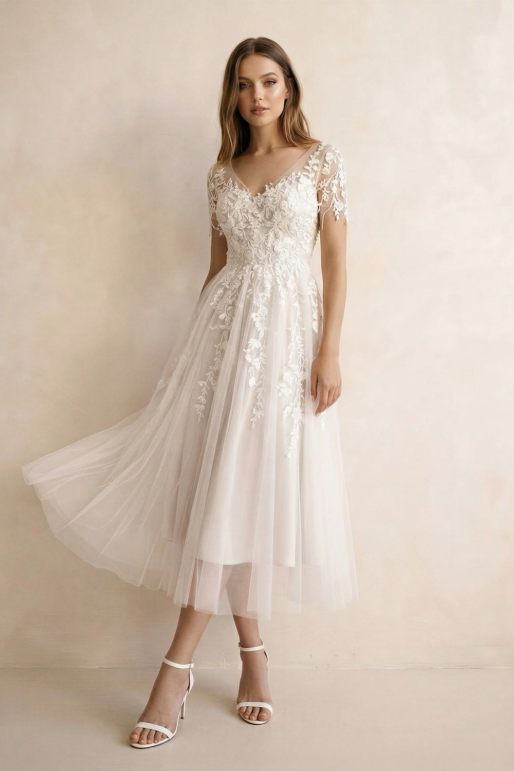 A Line V Neck Tulle Wedding Dress With Appliques in Ivory - SHE IS ME Wedding Dresses