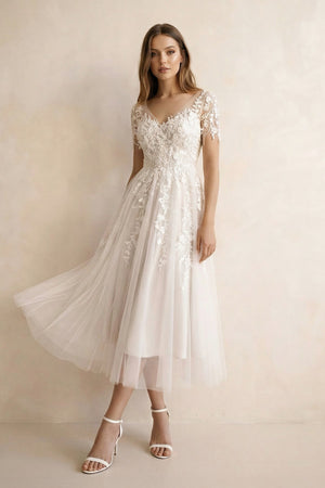 A Line V Neck Tulle Wedding Dress With Appliques in Ivory - SHE IS ME Wedding Dresses