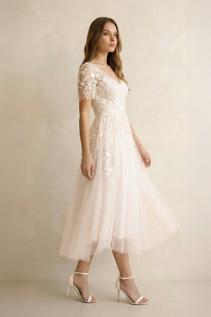 A Line V Neck Tulle Wedding Dress With Appliques in Ivory - SHE IS ME Wedding Dresses