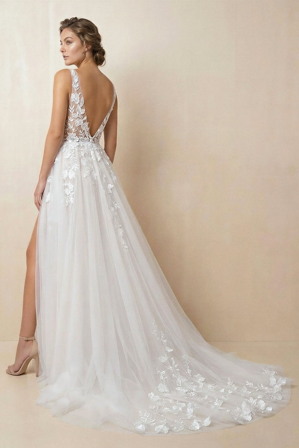 A Line V Neck Tulle Wedding Dress With Slit in Ivory - SHE IS ME Wedding Dresses