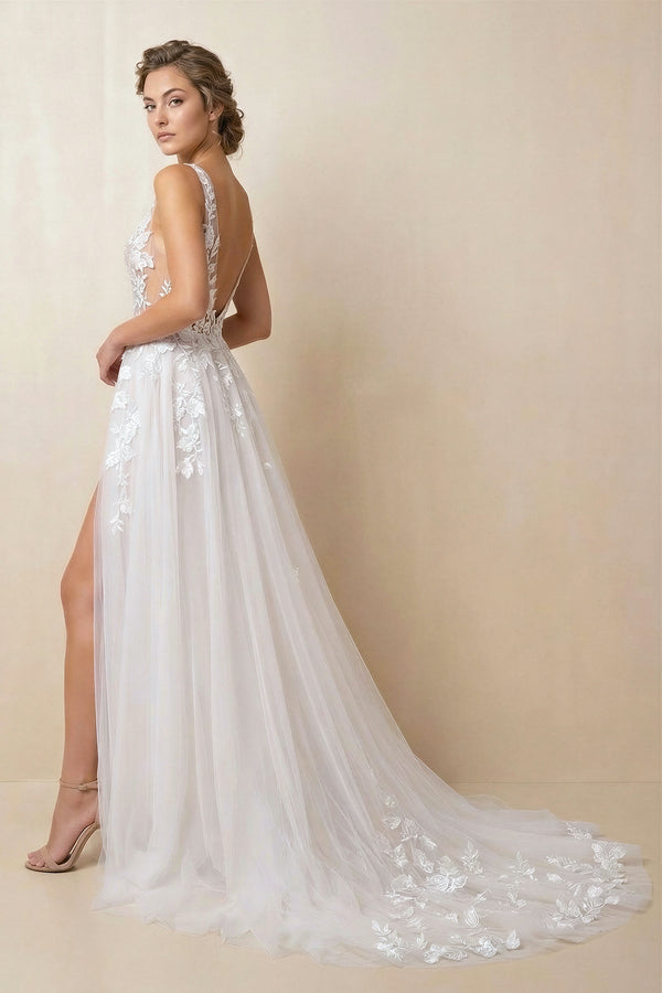 A Line V Neck Tulle Wedding Dress With Slit in Ivory - SHE IS ME Wedding Dresses