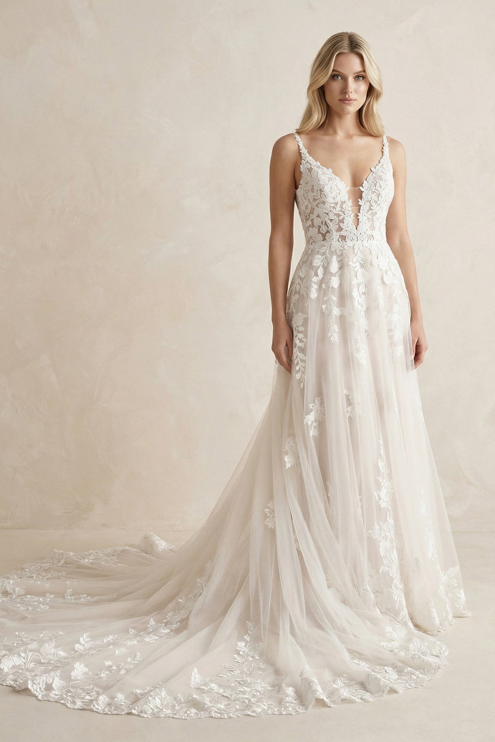 A Line V Neck Tulle Wedding Dresses with Appliques in White - SHE IS ME Wedding Dresses