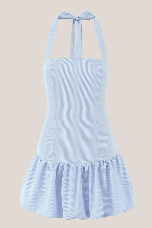 A - Line Vintage Halter Cotton Mini Dress in Blue - SHE IS ME Dresses