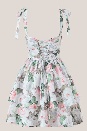 A - line Vintage Rose Printed Lace - up Cotton Mini Dress - SHE IS ME Dresses