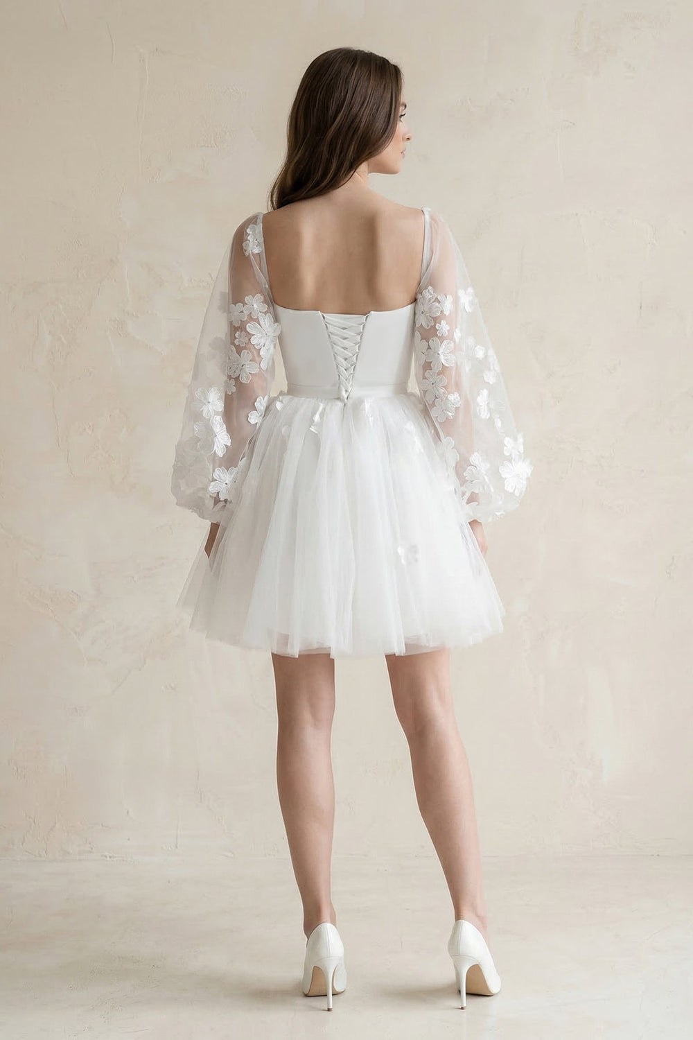 Appliqued A - Line Tulle Strapless Mini Wedding Dress With Sleeves in White - SHE IS ME Wedding Dresses