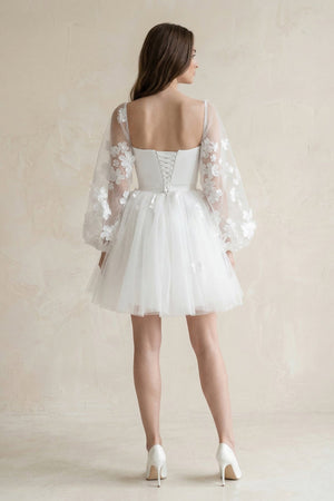 Appliqued A - Line Tulle Strapless Mini Wedding Dress With Sleeves in White - SHE IS ME Wedding Dresses