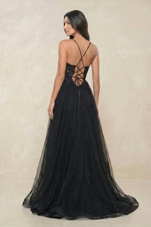 Appliqued A - Line Tulle Sweetheart Wedding Dress with Slit in Black - SHE IS ME Wedding Dresses