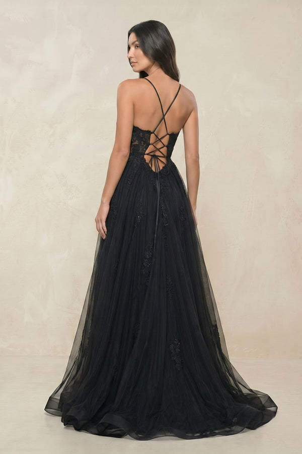 Appliqued A - Line Tulle Sweetheart Wedding Dress with Slit in Black - SHE IS ME Wedding Dresses