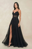 Appliqued A - Line Tulle Sweetheart Wedding Dress with Slit in Black - SHE IS ME Wedding Dresses