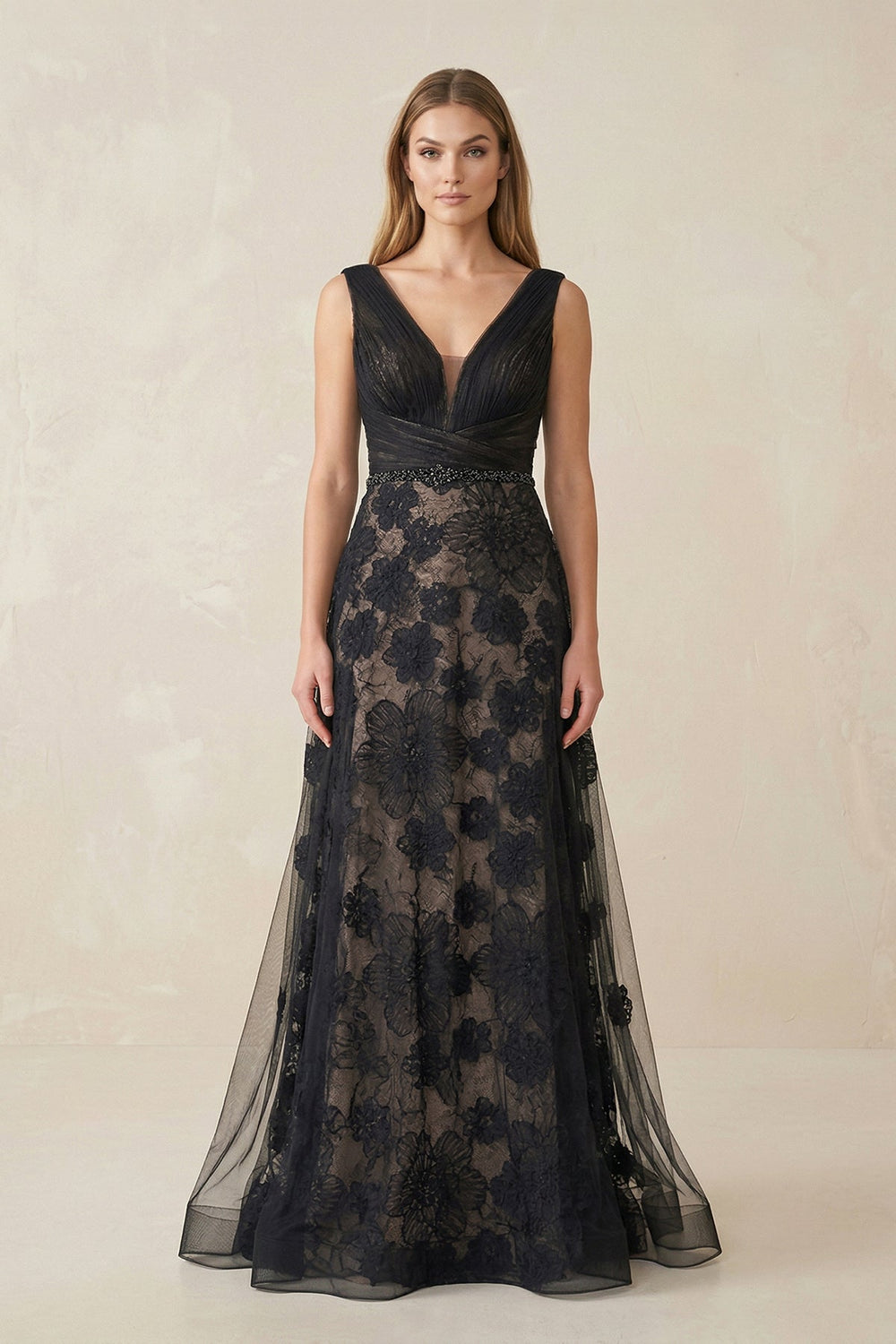 Appliqued Plunge Mermaid Tulle Wedding Dress in Black - SHE IS ME Wedding Dresses