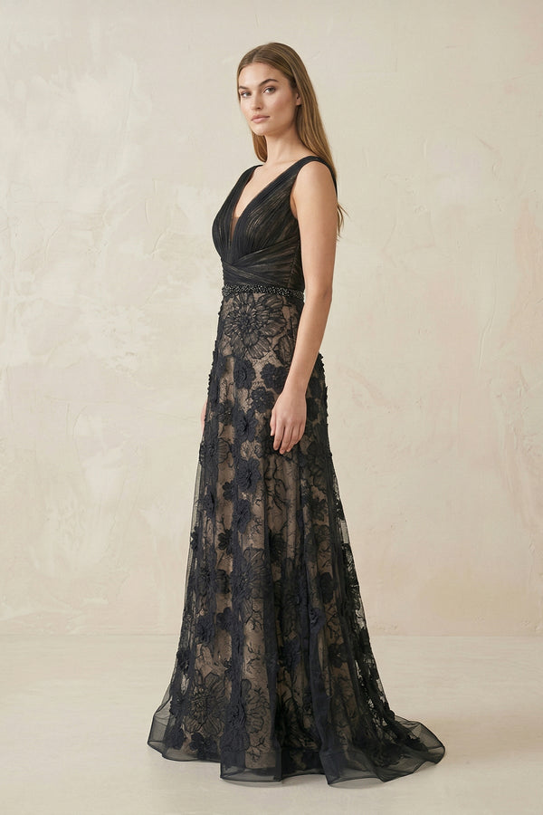 Appliqued Plunge Mermaid Tulle Wedding Dress in Black - SHE IS ME Wedding Dresses