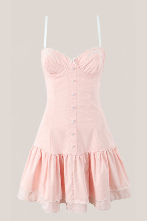 Appliqued Ruffled Sweetheart Cotton Mini Dress in Pink - SHE IS ME Dresses
