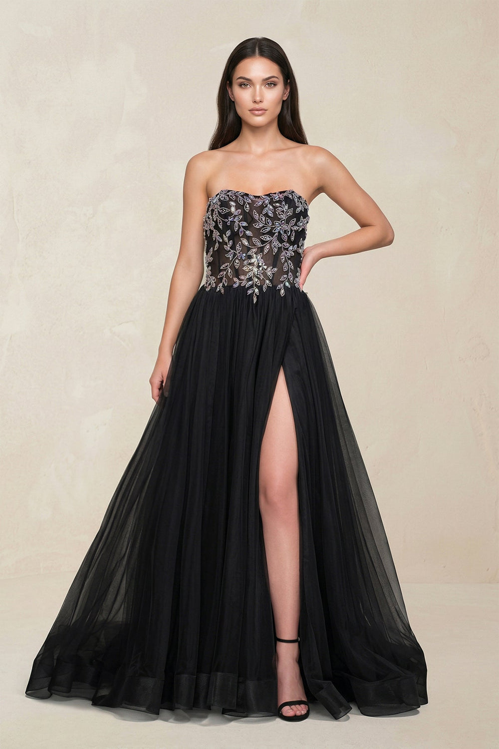 Appliqued Strapless Tulle A - Line Wedding Dress with Slit in Black - SHE IS ME Wedding Dresses