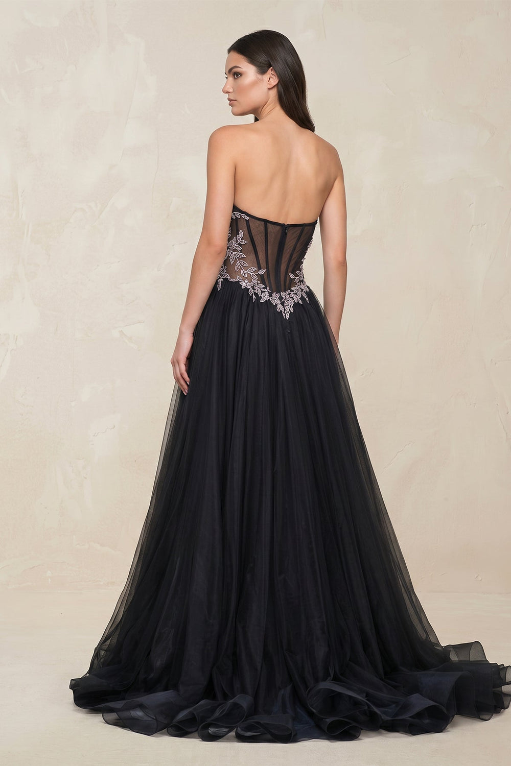 Appliqued Strapless Tulle A - Line Wedding Dress with Slit in Black - SHE IS ME Wedding Dresses