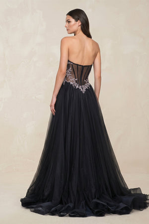 Appliqued Strapless Tulle A - Line Wedding Dress with Slit in Black - SHE IS ME Wedding Dresses