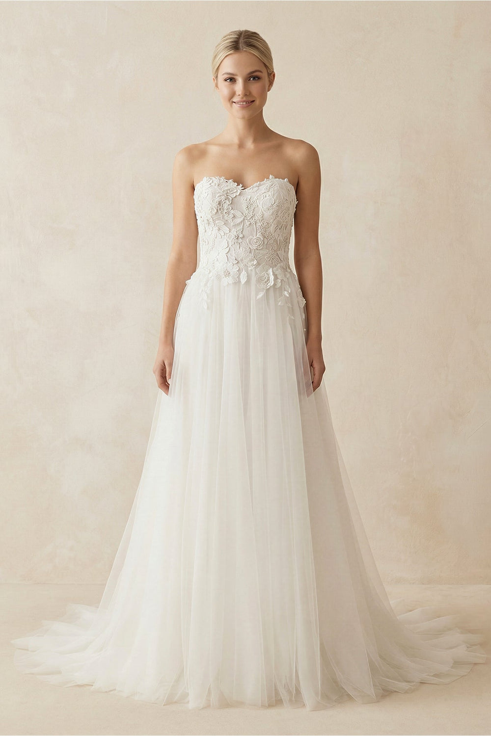 Appliqued Sweetheart A - Line Tulle Wedding Dress in White - SHE IS ME Wedding Dresses