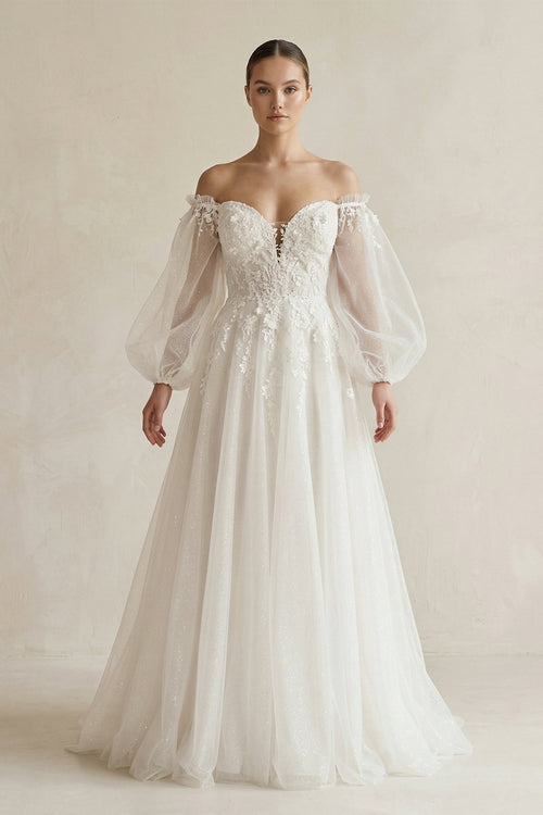 Appliqued Tulle A - Line Off - the Shoulder Wedding Dress With Sleeve in White - SHE IS ME Wedding Dresses