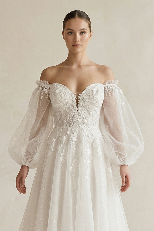 Appliqued Tulle A - Line Off - the Shoulder Wedding Dress With Sleeve in White - SHE IS ME Wedding Dresses
