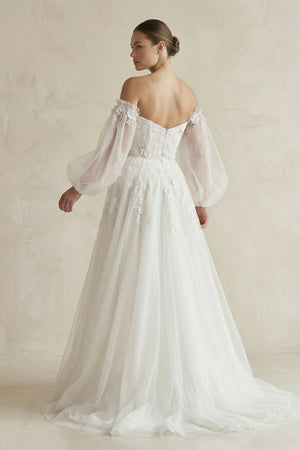 Appliqued Tulle A - Line Off - the Shoulder Wedding Dress With Sleeve in White - SHE IS ME Wedding Dresses