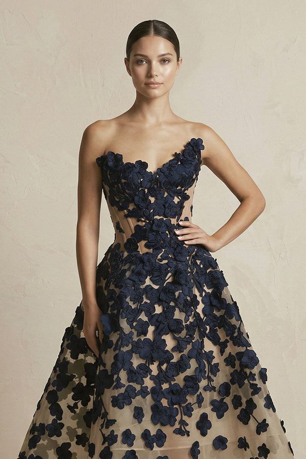 Appliqued Tulle A - Line V - neck Wedding Dress in Black and Nude - SHE IS ME Wedding Dresses