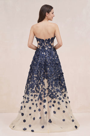 Navy Appliqued Tulle A-Line V-neck Wedding Dress - SHEISME