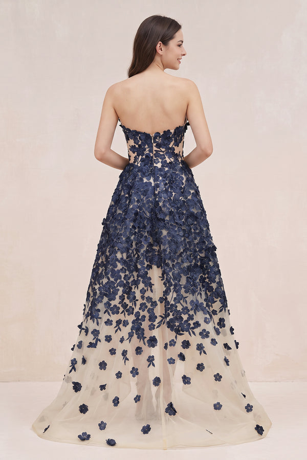 Navy Appliqued Tulle A-Line V-neck Wedding Dress - SHEISME