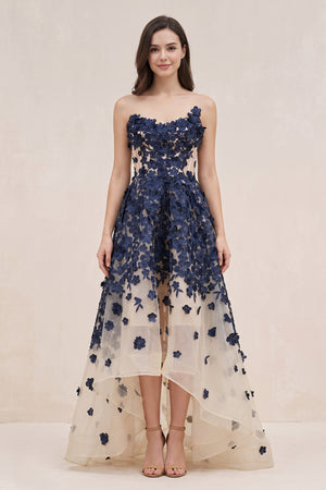 Navy Appliqued Tulle A-Line V-neck Wedding Dress - SHEISME