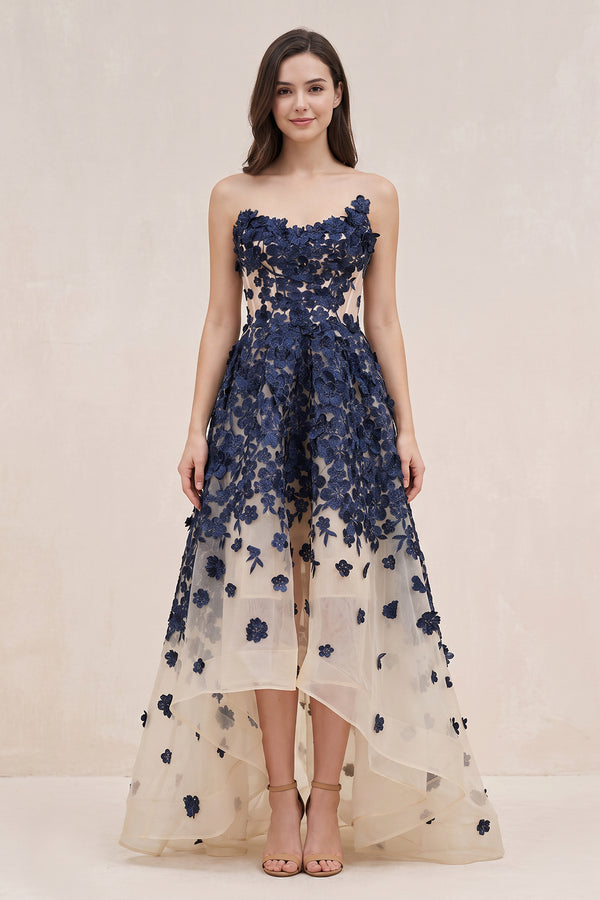 Navy Appliqued Tulle A-Line V-neck Wedding Dress - SHEISME