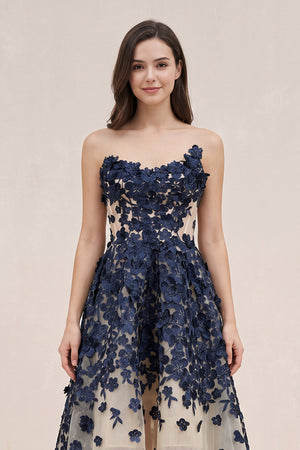 Navy Appliqued Tulle A-Line V-neck Wedding Dress - SHEISME