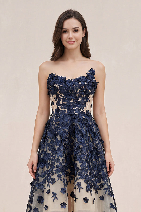 Navy Appliqued Tulle A-Line V-neck Wedding Dress - SHEISME