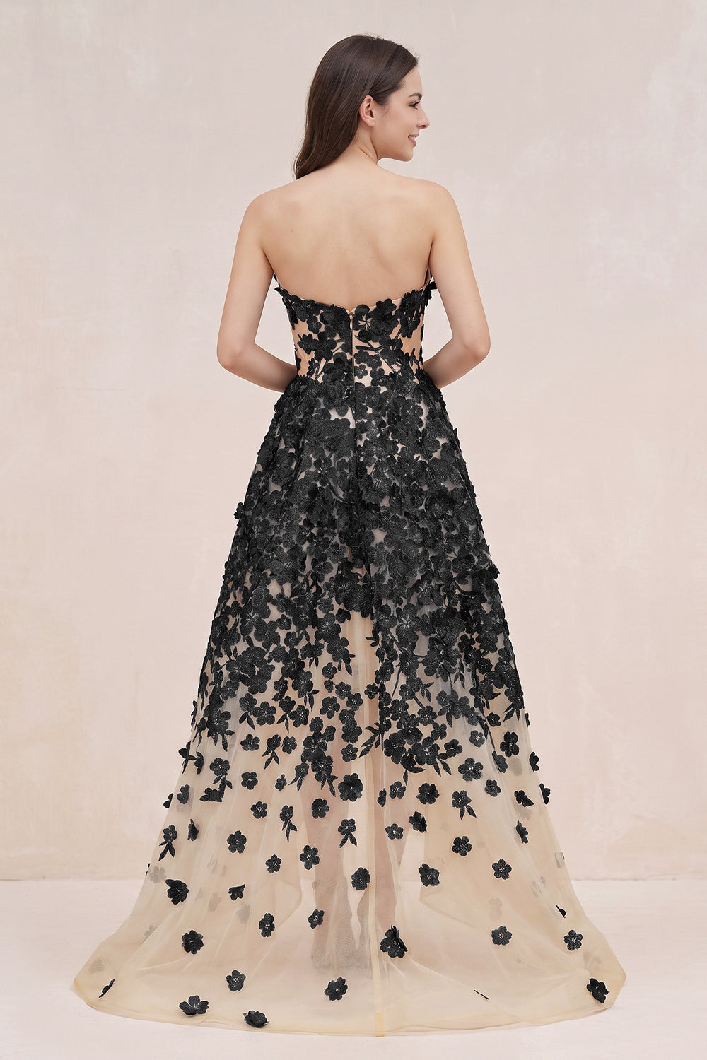 Black and Nude Appliqued Tulle A-Line V-neck Wedding Dress - SHEISME