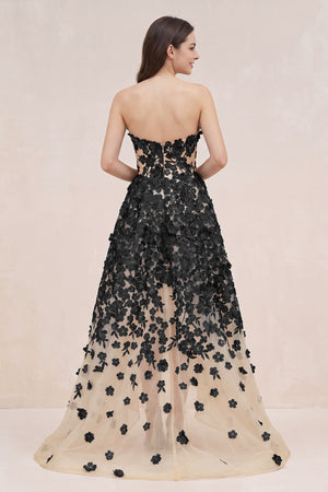 Black and Nude Appliqued Tulle A-Line V-neck Wedding Dress - SHEISME